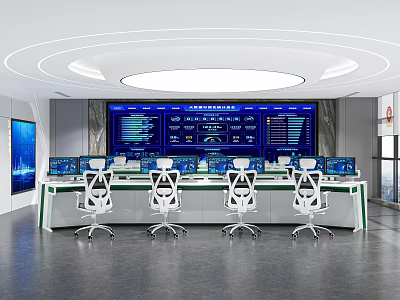 Modern Monitoring Room With Blue Large Screen Multiple Computer Monitors And White Chairs 3d model