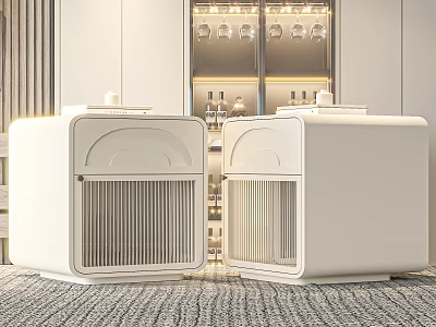 Modern White Bedside Tables with Grille Doors Glass Cabinet and Gray Carpet in Bedroom 3d model