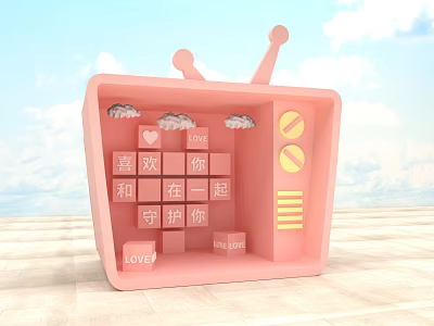 Pink TV Shaped Photo Spot With Antenna Cloud Decorations Love Characters And LOVE Sign 3d model