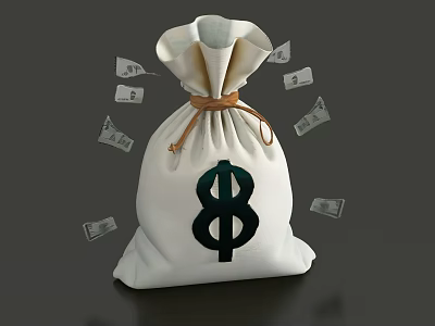 White Money Bag With Green Dollar Sign And Scattered Dollar Bills Around 3d model