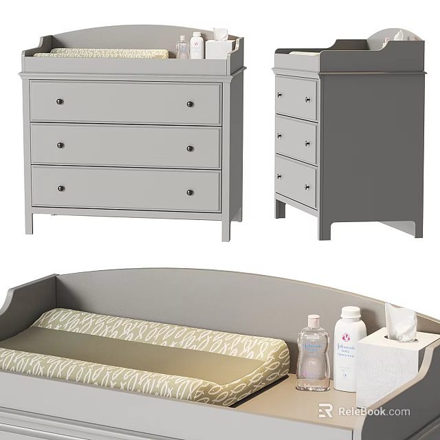 Gray Nursery Dresser With Drawers And Baby Crib Supplies 3d model 