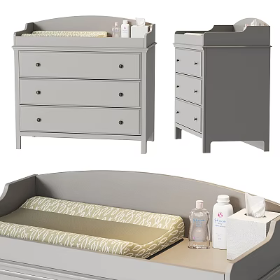Gray Nursery Dresser With Drawers And Baby Crib Supplies 3d model