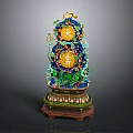 Traditional Furniture Ornament With Blue Gold Intricate Patterns And Auspicious Double Layer Wooden Base