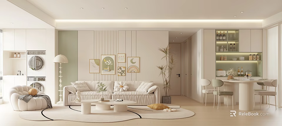 Modern Living Dining Room Interior With Beige Sofa Decorative Paintings And Green Plants 3d model 