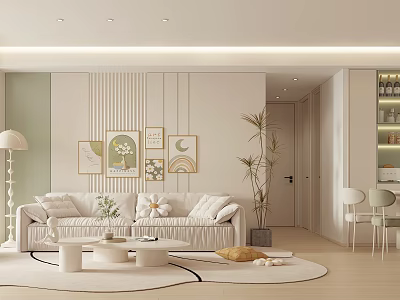 Modern Living Dining Room Interior With Beige Sofa Decorative Paintings And Green Plants 3d model