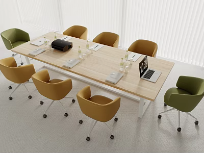 Modern Wooden Conference Table with Green and Yellow Chairs Laptop and Documents in Office Setting 3d model