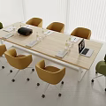 Modern Wooden Conference Table with Green and Yellow Chairs Laptop and Documents in Office Setting
