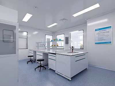 Modern Laboratory Interior Equipped With Work Benches Chairs Shelves Containers Windows And Wall Chart 3d model
