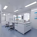 Modern Laboratory Interior Equipped With Work Benches Chairs Shelves Containers Windows And Wall Chart