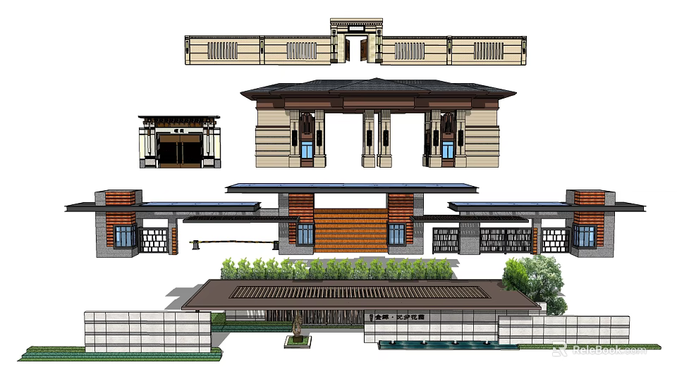Traditional Entrance Gate Architectural Design With Decorative Roof Columns And Detailed Structure 3d model 