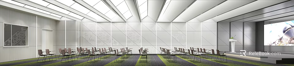 Modern Conference Room Interior Design With Perforated Walls Tables Chairs And Skylight Ceiling 3d model 