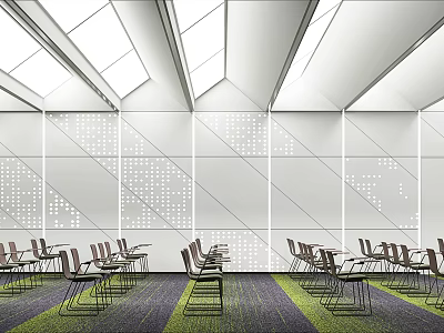 Modern Conference Room Interior Design With Perforated Walls Tables Chairs And Skylight Ceiling 3d model