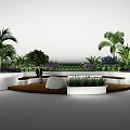 Modern Landscape Seating In Garden With Palm Trees Purple Flowers And White Planters