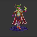 Mythical Horned Female Character In Red And Purple Armor Holding Flame Standing On Blue Platform