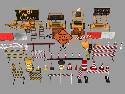 Essential Road Construction Equipment With Closed Work Signs Cones Barriers And Warning Lights 3d model