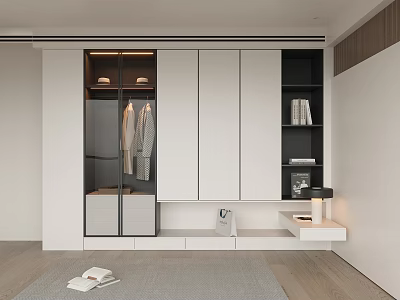 Modern Wardrobe With Glass Doors Built In Hanging Area And Open Shelves In Bedroom 3d model