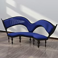 Blue Two Seat Leisure Chair With Unique Curved Design Black Frame And Wooden Floor Background