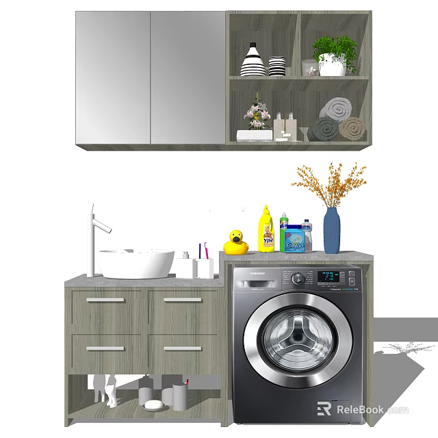 Modern Bathroom Cabinet With Washing Machine Mirror And Toiletries On Countertop 3d model 