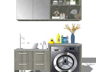 Modern Bathroom Cabinet With Washing Machine Mirror And Toiletries On Countertop 3d model