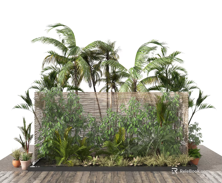 Lush Garden With Palm Trees Wicker Screen Potted Plants And Stone Path 3d model 