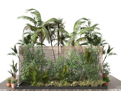 Lush Garden With Palm Trees Wicker Screen Potted Plants And Stone Path 3d model