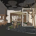 Traditional Tea House Courtyard Design with Wooden Structures Stone Paths Trees and Lanterns Relaxing Atmosphere