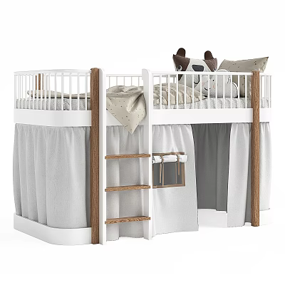 Kids Bunk Bed With White Frame Wooden Ladder Curtains And Stuffed Animal 3d model
