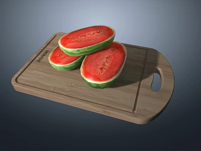Three Fresh Watermelon Slices on Bamboo Cutting Board with Red Flesh and Green Rind 3d model