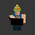 Block Figure With Hamburger On Head Frowning Expression Holding Blackboard