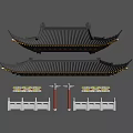 Traditional Chinese Architectural Components Including Curved Roof Ornamental Brackets Red Pillars And White Railings