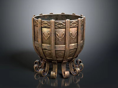 Antique Bronze Household Item Featuring Intricate Butterfly Motifs Circular Patterns And Curved Feet 3d model