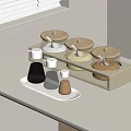 Modern Kitchen Counter With Wooden Rack And Glass Spice Jars On Tray