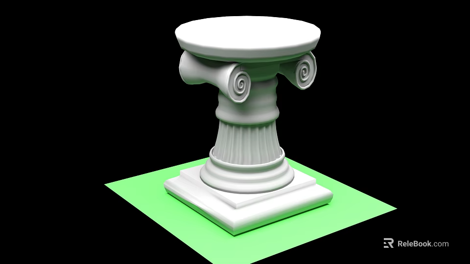 White Roman Column Featuring Scroll Details Fluted Design Circular Top Square Base And Green Base 3d model