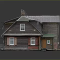 Cartoon Scenery of Model House With Gray Roof Brown Walls Red Shutters Chimneys and Reflection