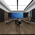 Modern Spacious Conference Room With Long Meeting Table Office Chairs Large Screen And Ceiling Lighting