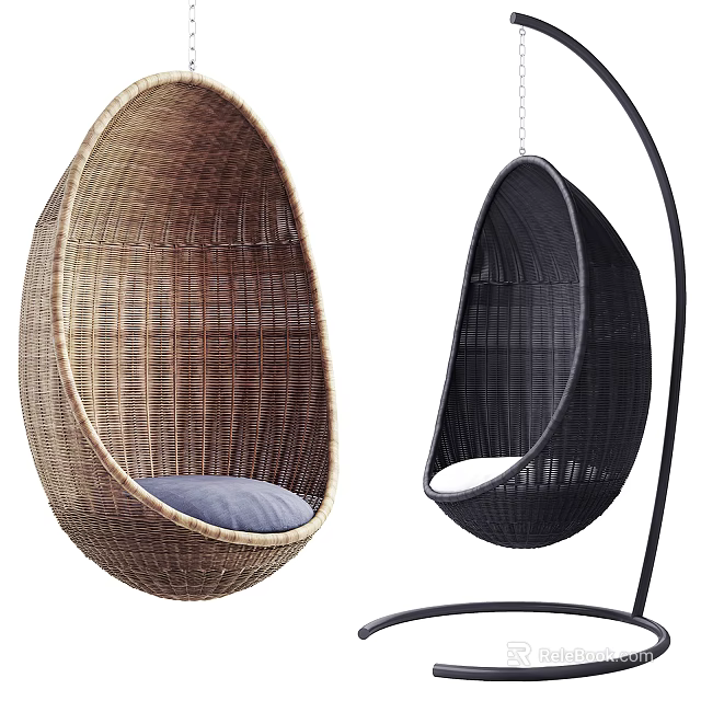 Stylish Wicker Hanging Chairs in Brown and Black with Comfortable Cushion for Home Decor 3d model 