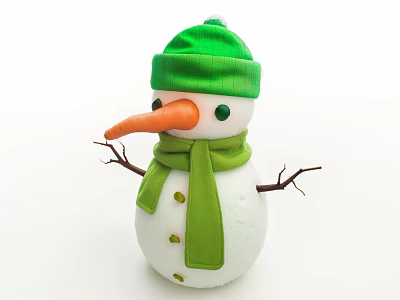 Cute Garden Snowman Ornament Featuring Green Hat Scarf Orange Nose And Twig Arms 3d model