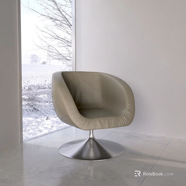 White Background Wall Featuring Gray Leather Swivel Chair Floor-to-Ceiling Window Snowy View And Marble Floor 3d model 