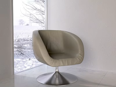 White Background Wall Featuring Gray Leather Swivel Chair Floor-to-Ceiling Window Snowy View And Marble Floor 3d model