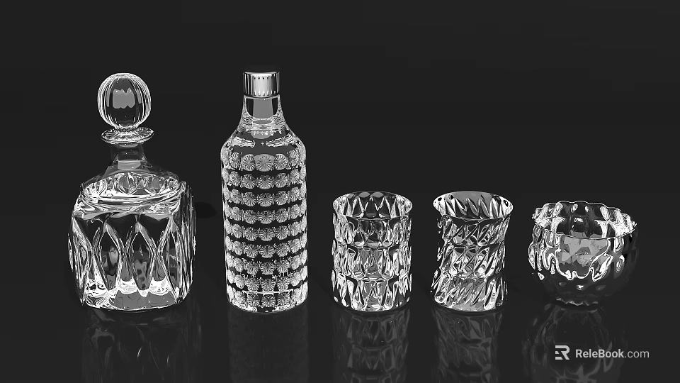 Transparent Crystal Glass Cups With Intricate Patterns And Matching Glass Containers 3d model 