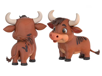 Adorable Brown Cartoon Cow Sculpture Carving With White Horns And Black Stripes 3d model