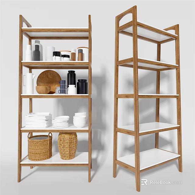 Wooden Multi Tiered Shelving Unit With Baskets Mugs And Towels For Home Storage 3d model 