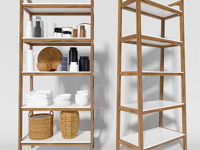 Wooden Multi Tiered Shelving Unit With Baskets Mugs And Towels For Home Storage 3d model