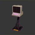 Vintage Portable Computer With Monitor Keyboard On Black Stand And Yellow Label