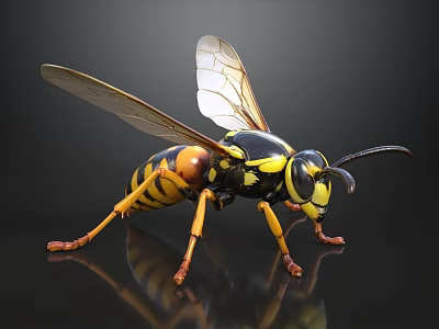 Realistic Wasp With Yellow Black Stripes Transparent Wings On Black Background 3d model