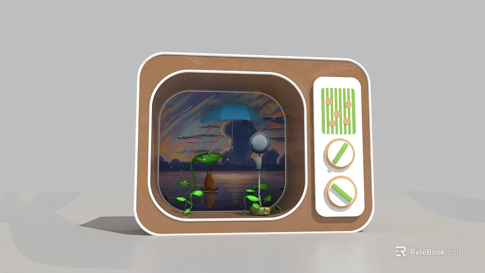 Vintage TV Shaped Photo Spot With Scenic View Umbrella Green Plants And Decor 3d model 