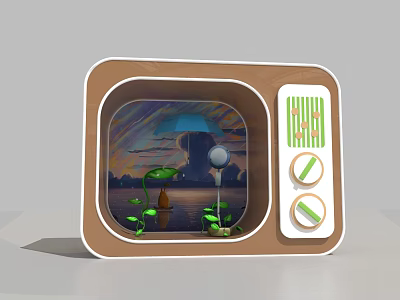 Vintage TV Shaped Photo Spot With Scenic View Umbrella Green Plants And Decor 3d model