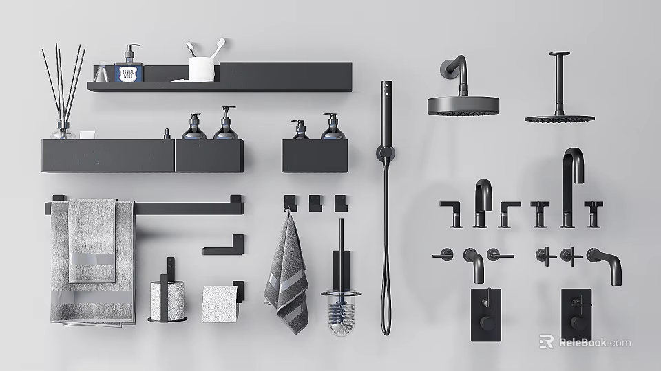 Modern Bathroom Accessories With Wall Mounted Shelves Soap Dispensers Towel Racks And Shower Heads 3d model 