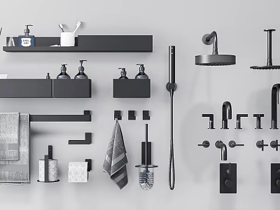 Modern Bathroom Accessories With Wall Mounted Shelves Soap Dispensers Towel Racks And Shower Heads 3d model