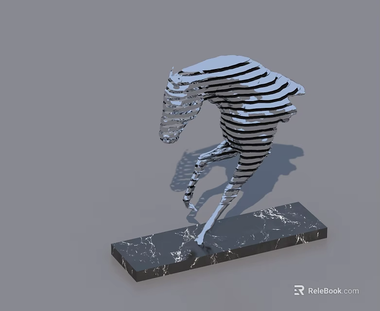 Silver Striped Horse Sculpture With Modern Marble Base Display Stand 3d model 